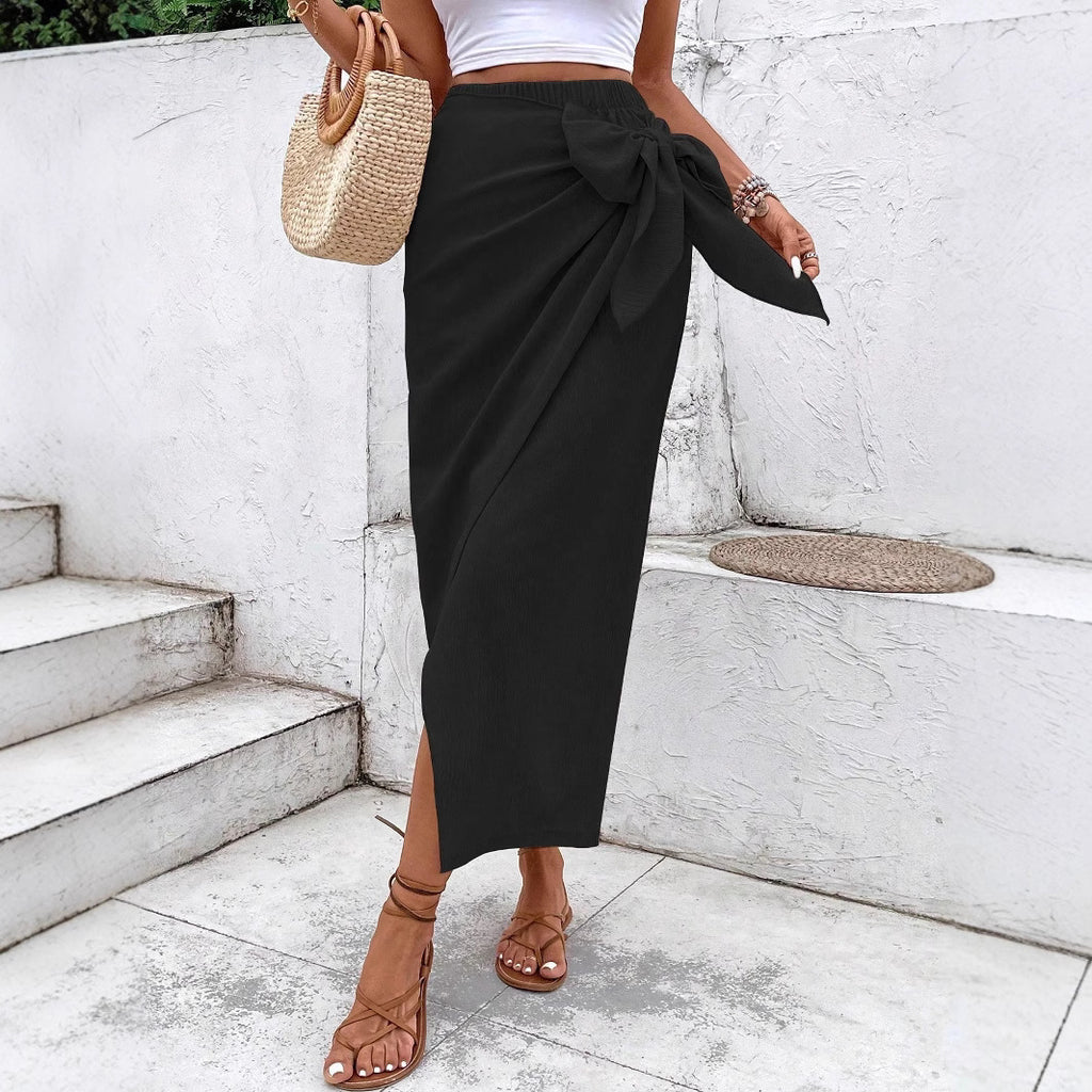 Damen Wickelrock mit eleganter Schleife und hohem Schlitz Sovae