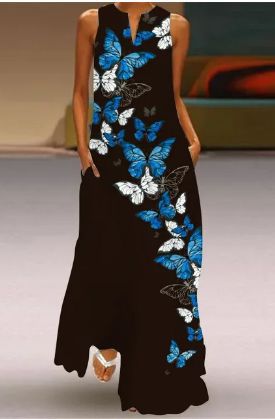 Damen Maxikleid mit modernen Federmuster und Seitentaschen Sovae