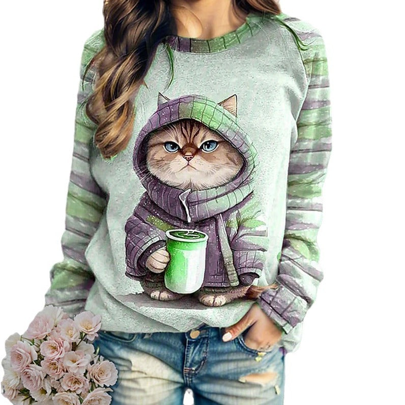 Damen Sweatshirt mit Katzenmotiv und Kapuze Sovae