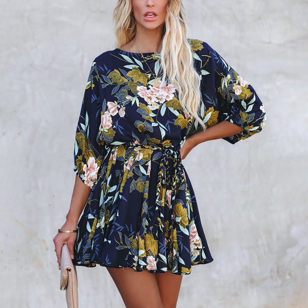 Damen Blümchen Kurzkleid mit Taillengürtel und weiten Ärmeln Sovae