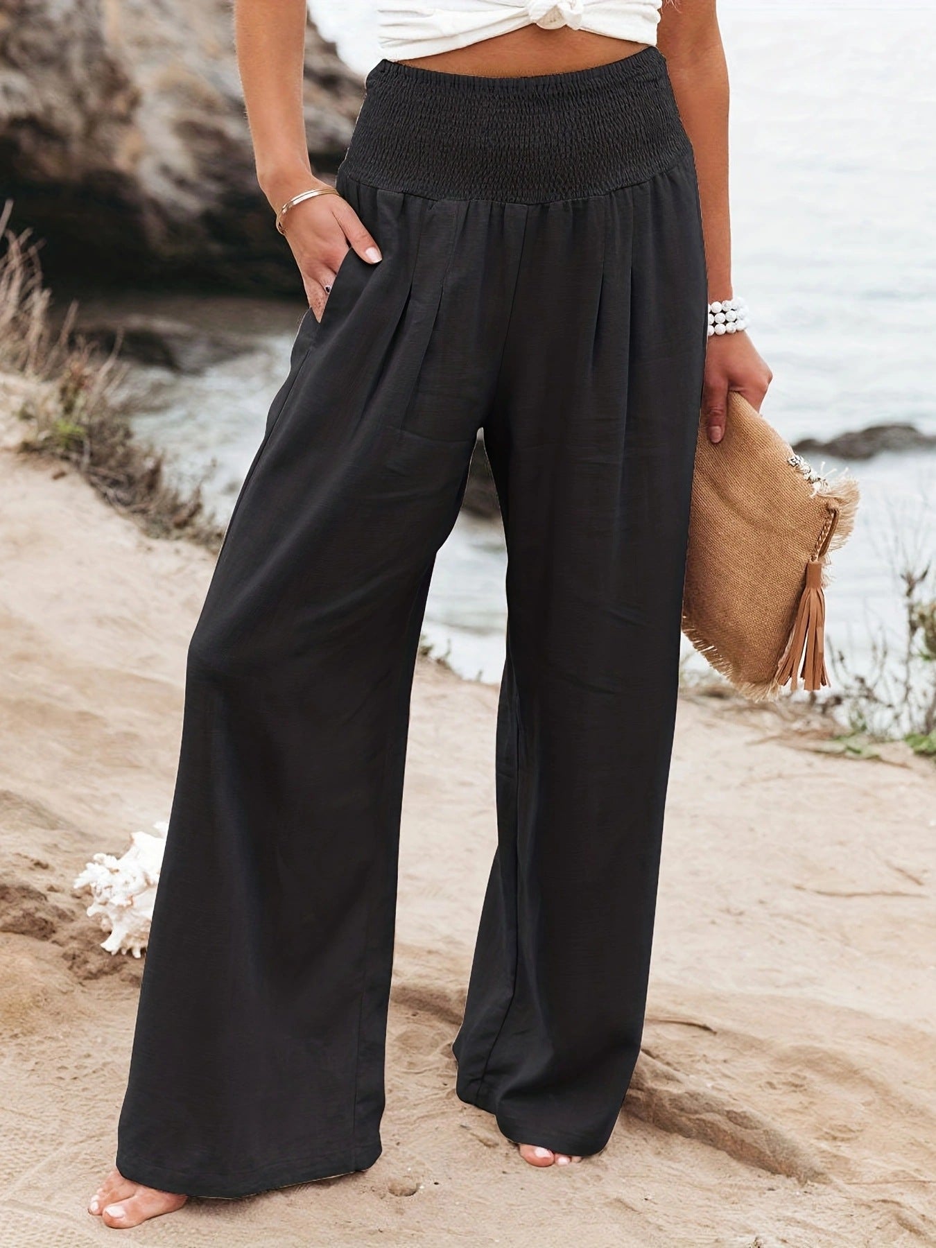 Damen Weite Leinenhose mit Elastikbund Sovae