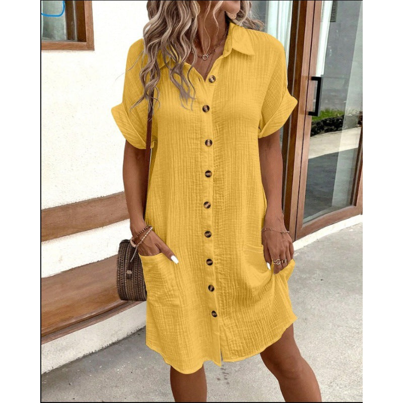 Damen Baumwoll-Kleid mit Knopfleiste und Taschen Sovae