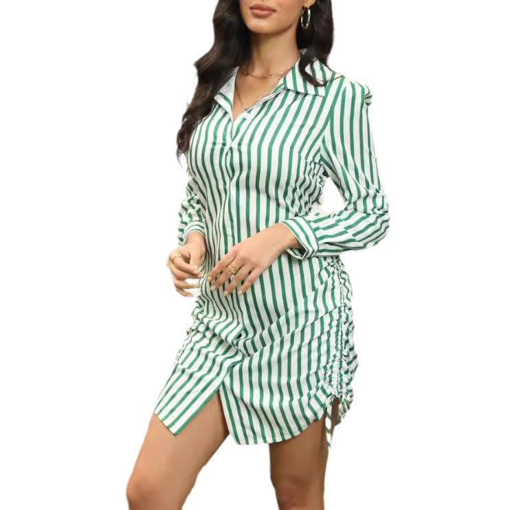 Damen Hemdblusenkleid mit seitlichem Raffung und klassischen Streifen Sovae