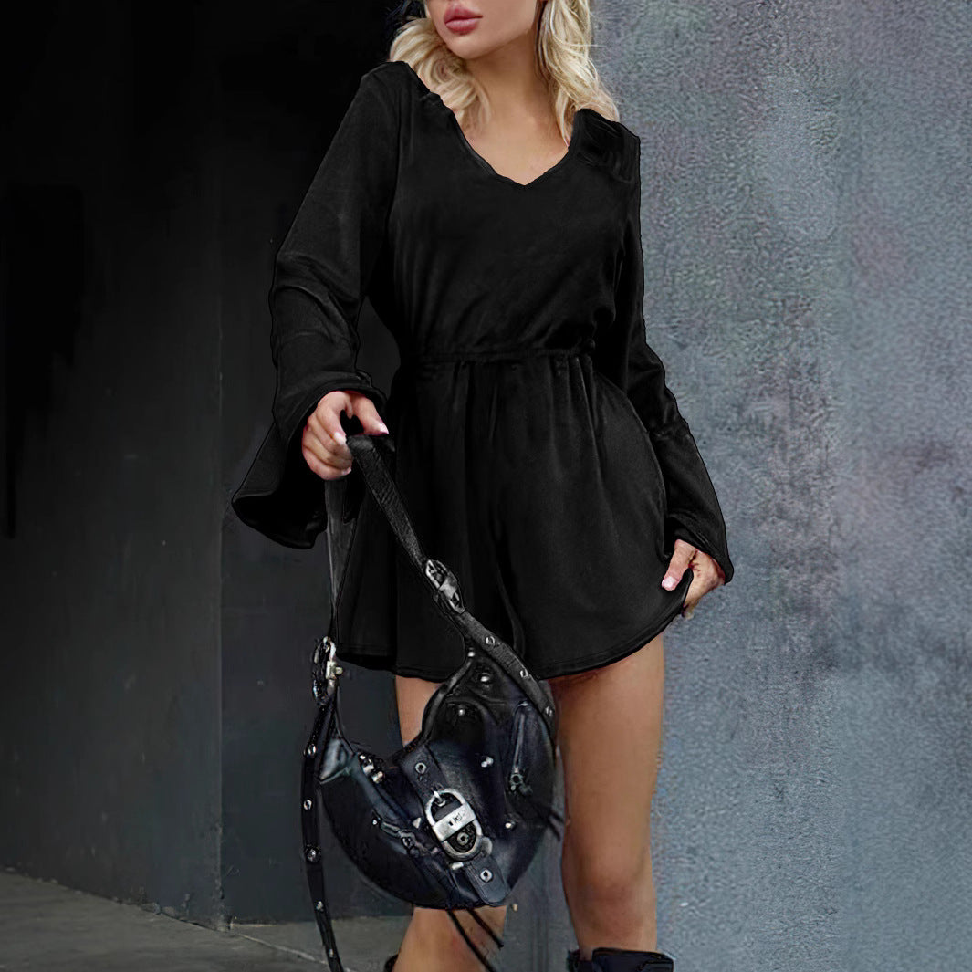 Damen elegantes Minikleid mit V-Ausschnitt und weitem Ärmel Sovae
