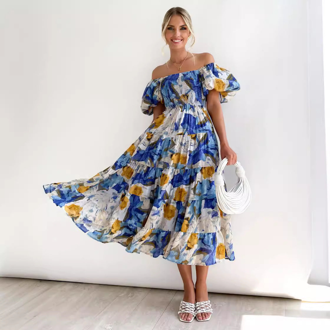 Damen Offshoulder Maxikleid mit voluminösen Ärmeln Sovae