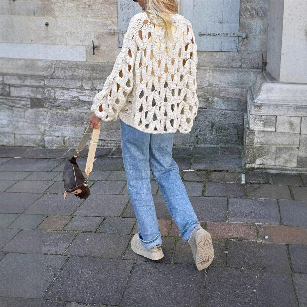 Damen lässiger Strickpullover im modernen Lochmuster Sovae