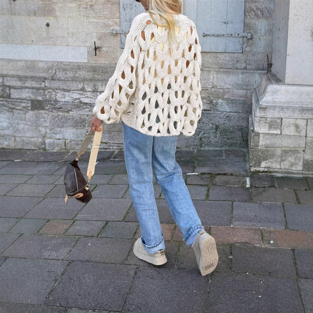 Damen lässiger Strickpullover im modernen Lochmuster Sovae