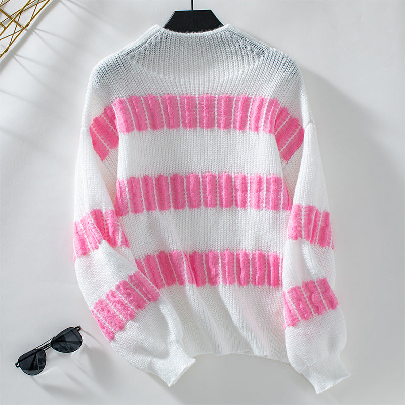 Damen hochwertiger Strickpullover mit edel strukturierten Streifen Sovae