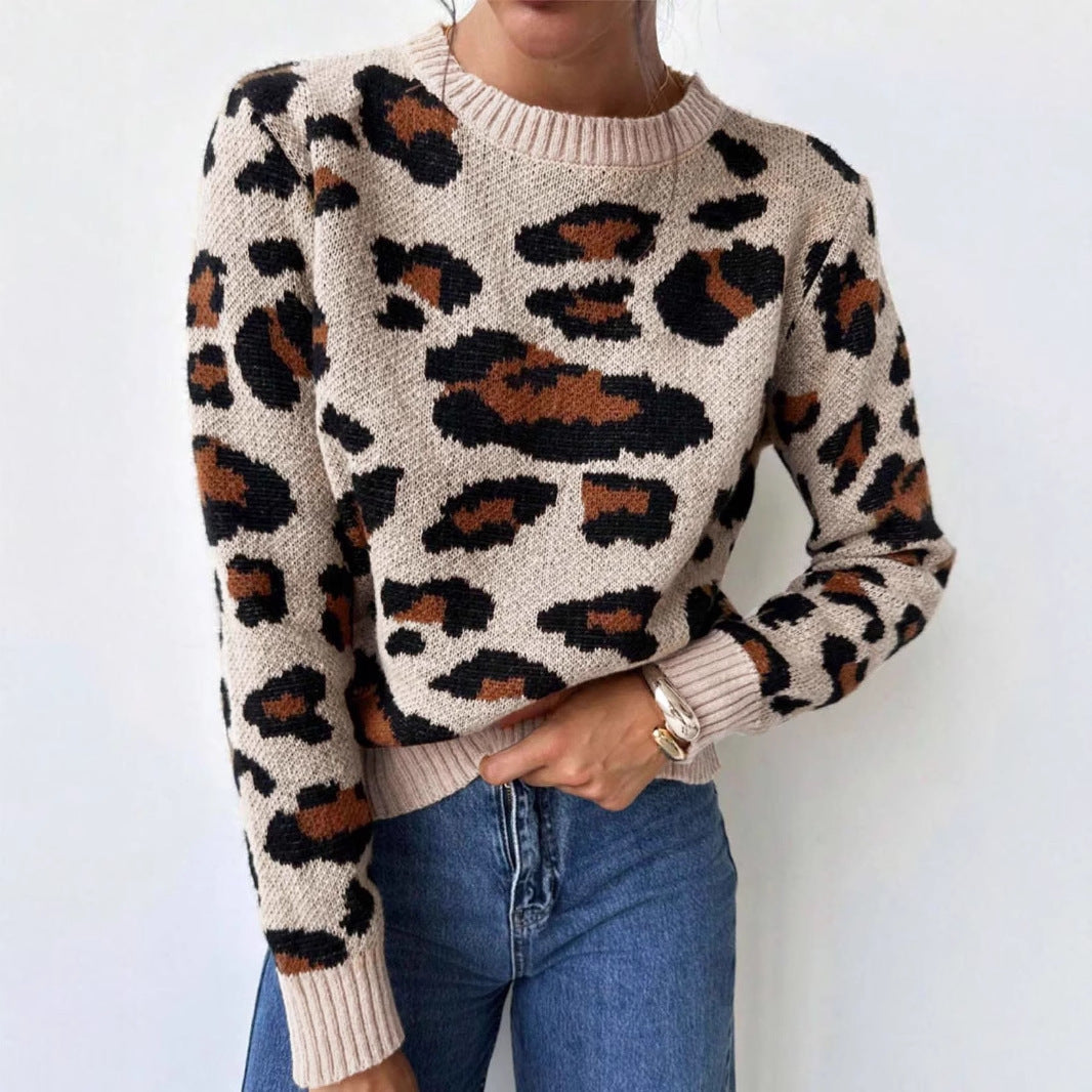Damen kuscheliger Strickpullover mit Leopardenmuster und überschnittenen Schultern Sovae