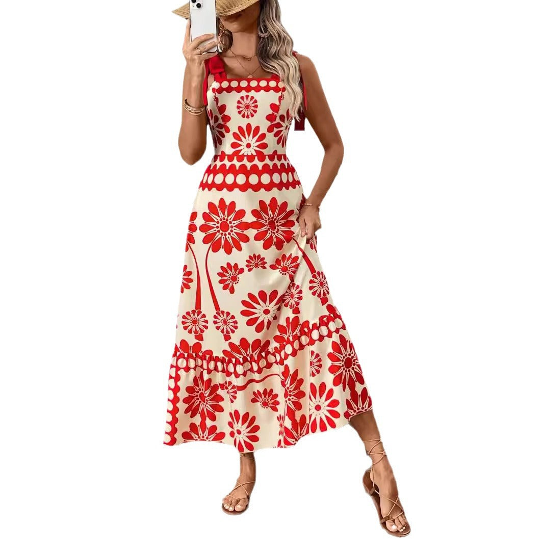Damen Midikleid mit floralem Design und dekorativen Trägern Sovae