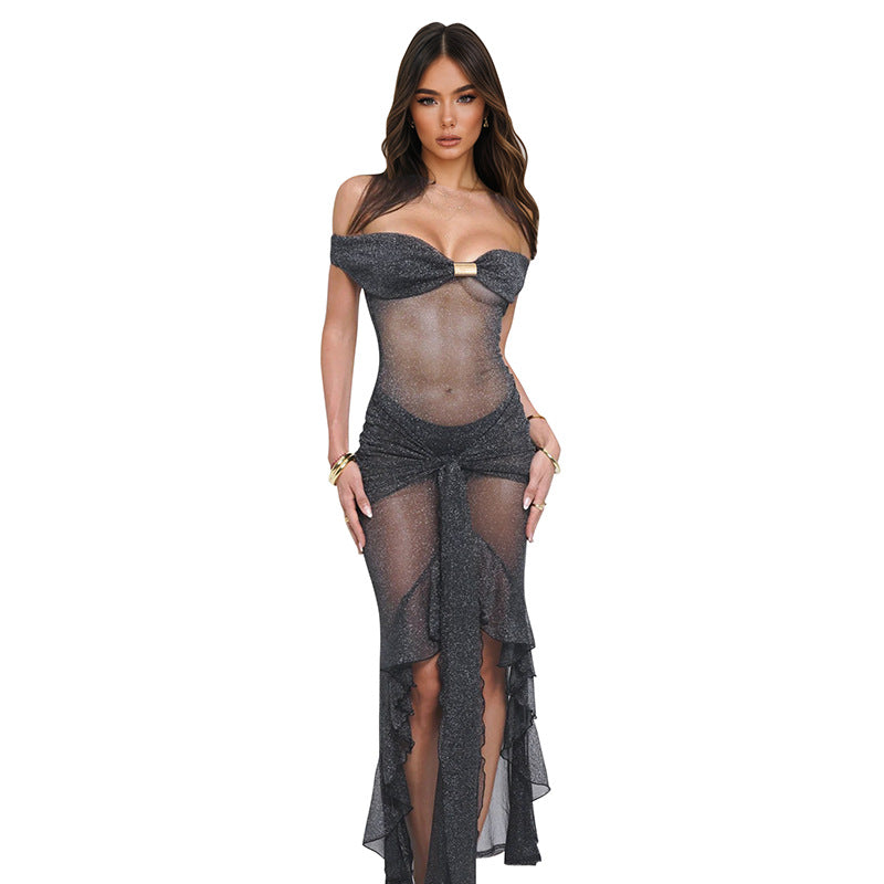 Damen verführerisches Abendkleid mit asymmetrischem Schnitt und schulterfreier Optik Sovae