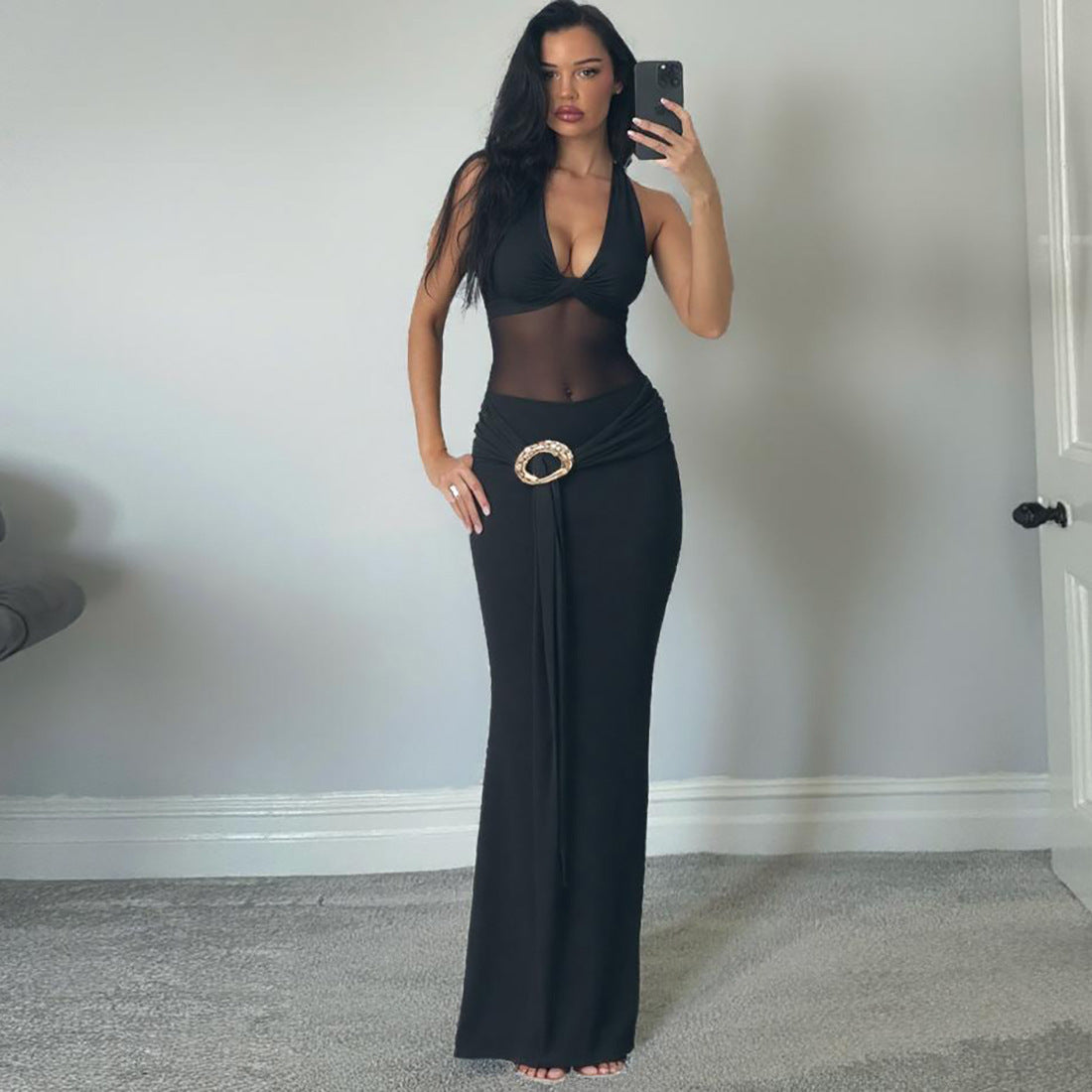 Damen Maxi-Überwurfkleid mit transparentem Material und eleganter Gürtelschnalle Sovae