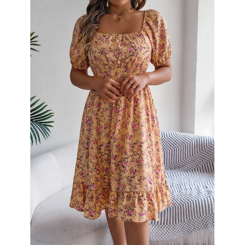 Damen Off-Shoulder Kleid mit floralem Design und elastischem Taillenbund Sovae