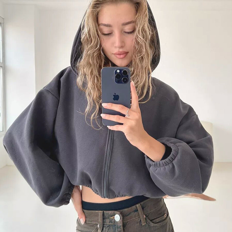 Damen cropped Kapuzenpullover mit voluminösen Ärmeln Sovae