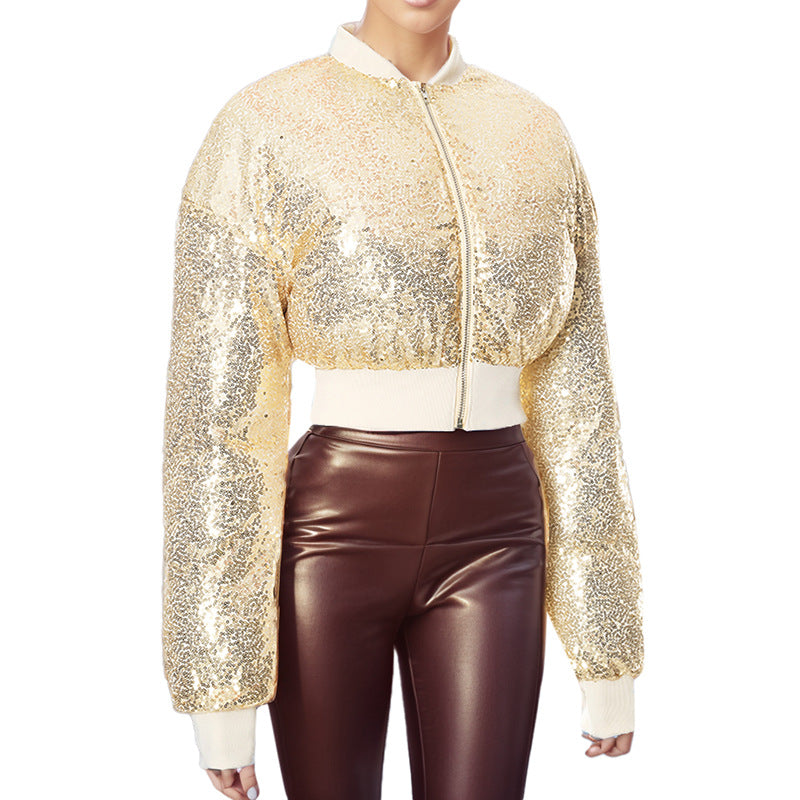 Damen glitzernde cropped Bomberjacke mit Reißverschluss Sovae