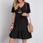 Damen Sommerliches V-Ausschnitt Kleid mit Volant Säume Sovae