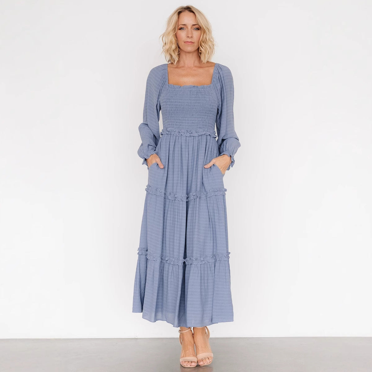 Damen Maxikleid mit gerafftem Oberteil und Rüschendetails Sovae