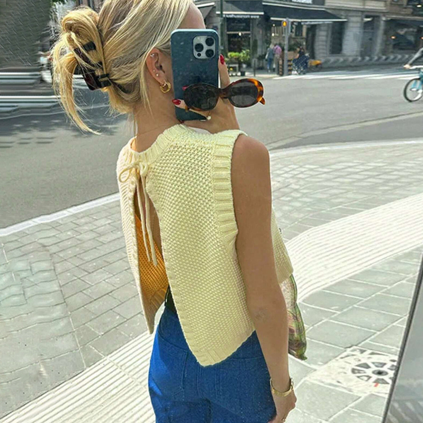 Damen modischer Strickpulli mit offenem Rücken und Schnürdetails Sovae