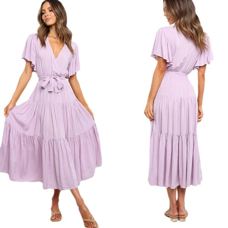Damen Fließendes Maxi-Kleid mit Wickelbindung und Schmetterlingsärmeln Sovae