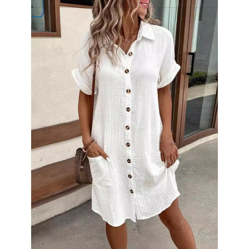 Damen Baumwoll-Kleid mit Knopfleiste und Taschen Sovae
