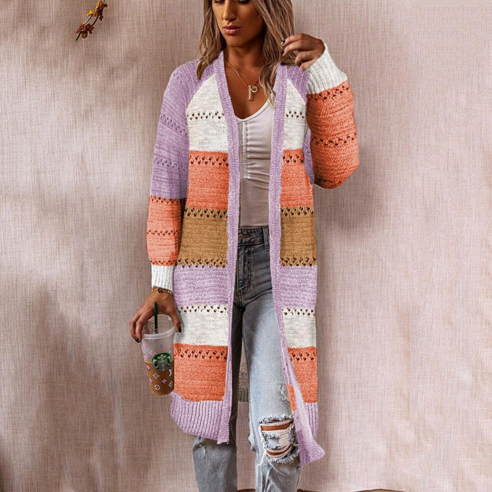 Damen Strickjacke im Retro-Patchwork-Stil mit langen Ärmeln und offenen Front Sovae