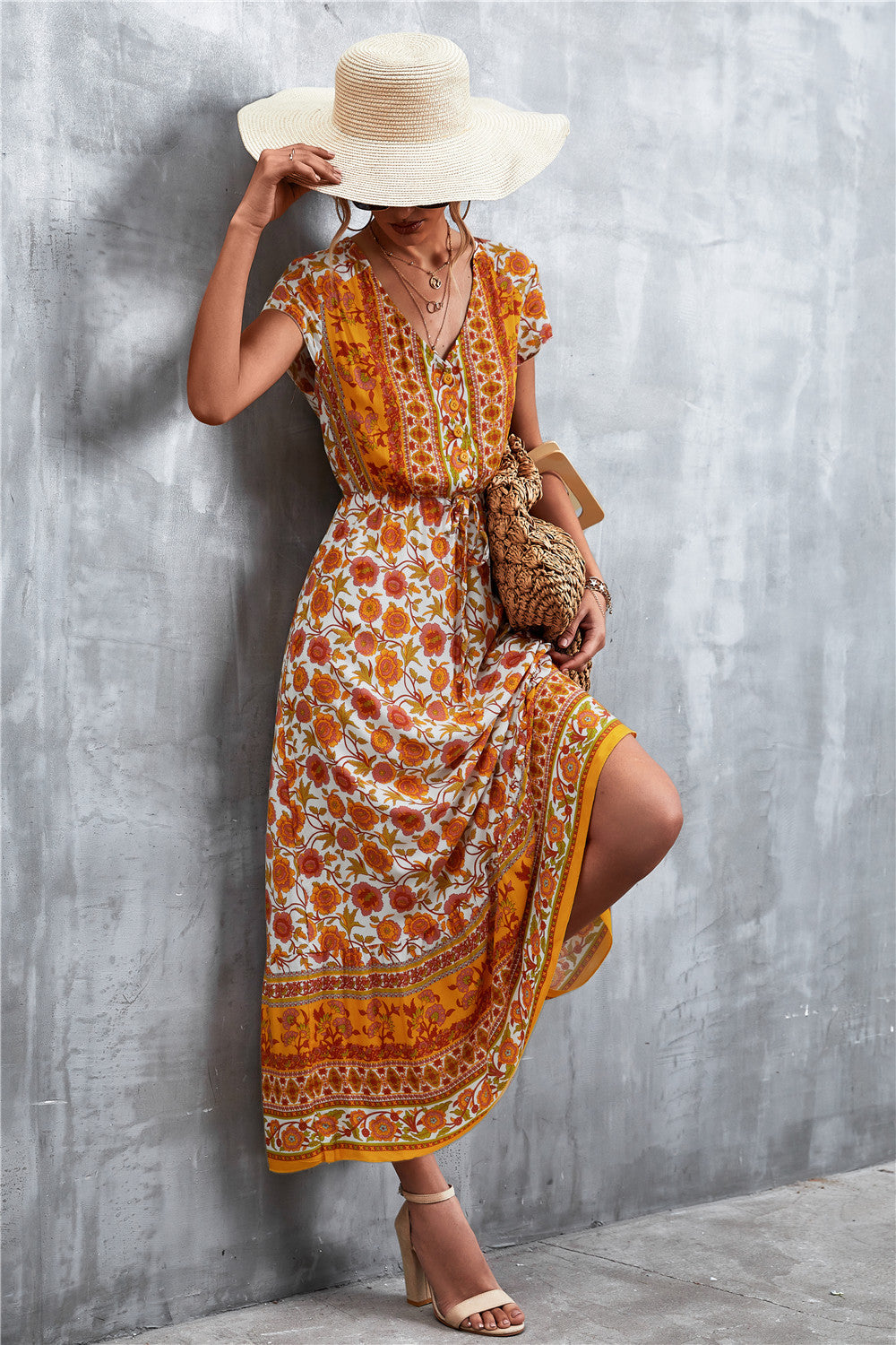 Damen Boho Maxikleid mit floralem Muster und elastischem Taillenzug Sovae