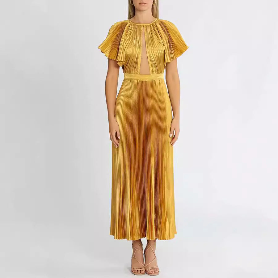 Damen Plissiertes Maxikleid mit elegantem Ausschnitt und fließendem Fall Sovae