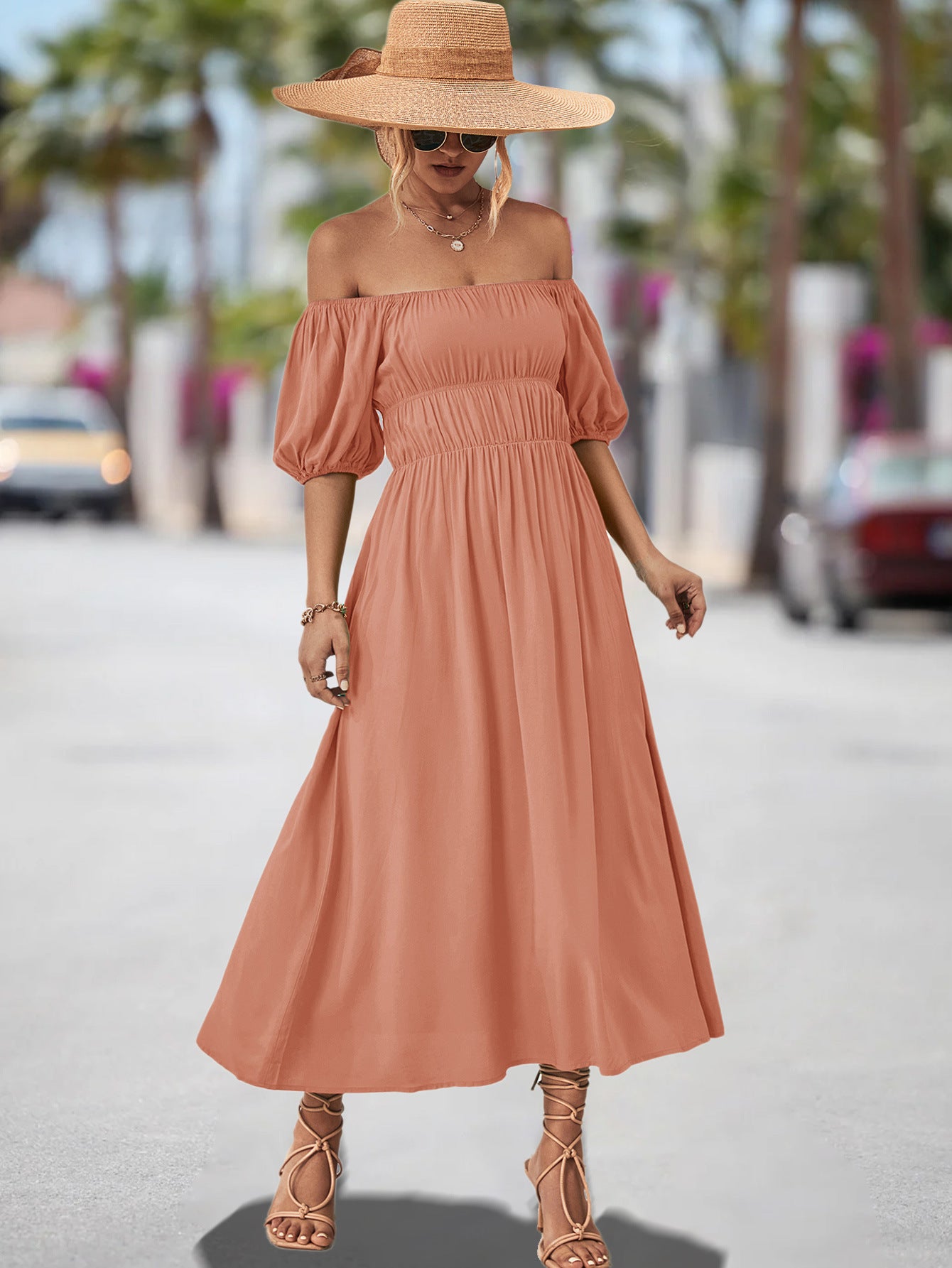 Damen Off-Shoulder Maxikleid mit voluminösen Puffärmeln und elastischem Taillenband Sovae