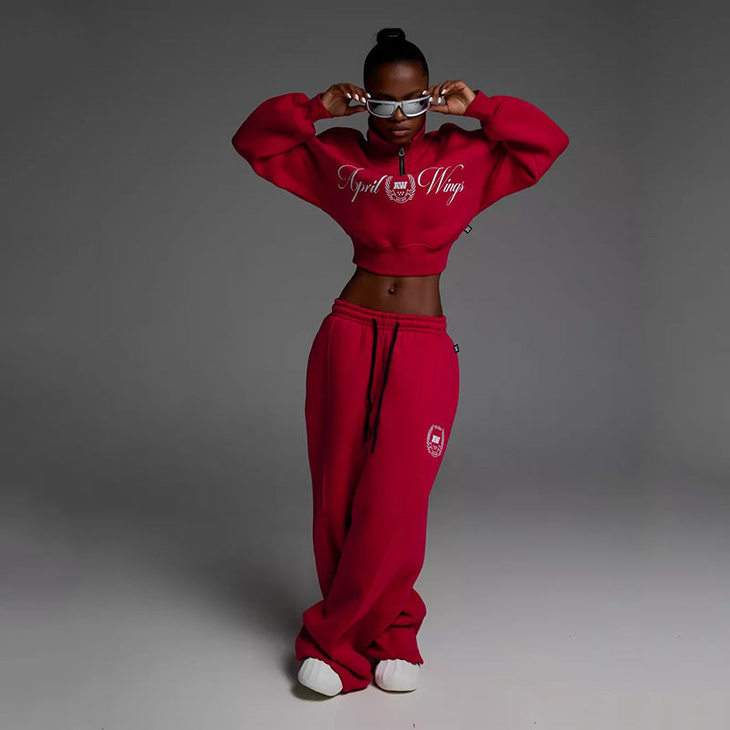 Damen Sportliches Cropped Sweatshirt und lässige Freizeithose Set Sovae