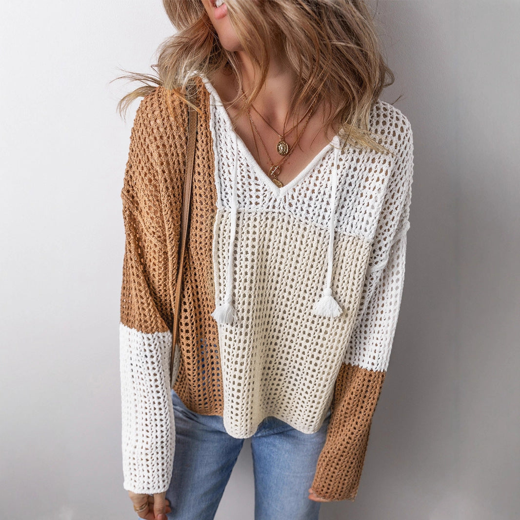 Damen luftiger Strickpullover mit modernem Netzstruktur-Design und dekorativen Kordeln Sovae