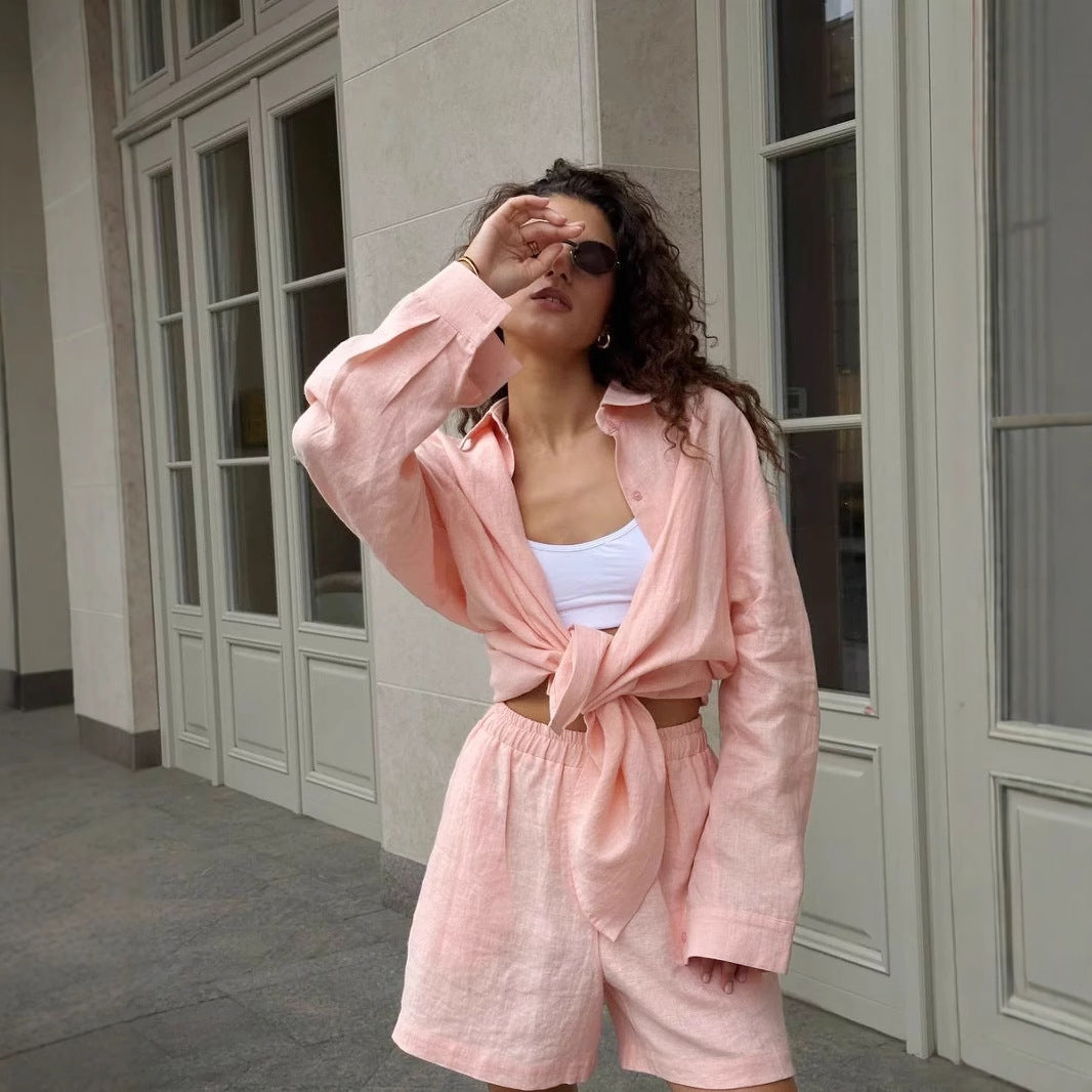Damen lässige Leinenbluse und Shorts Set Sovae