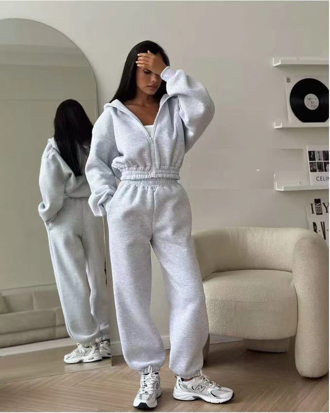 Damen kuscheliger Zip-Hoodie und Jogginghose Set Sovae