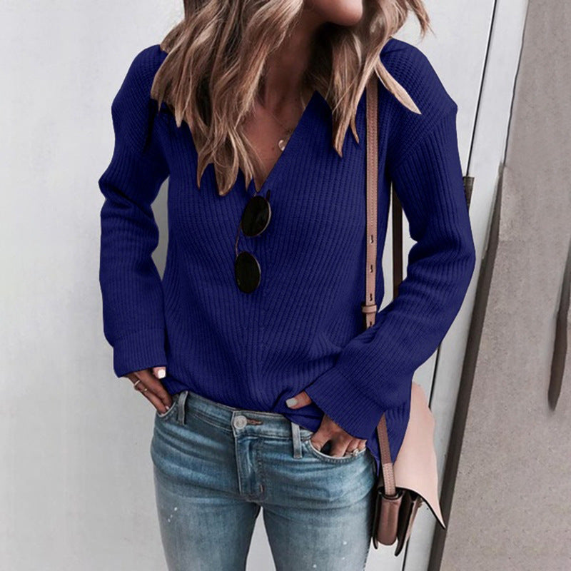 Damen Pullover im lässigen Strickdesign mit V-Ausschnitt und langen Ärmeln Sovae