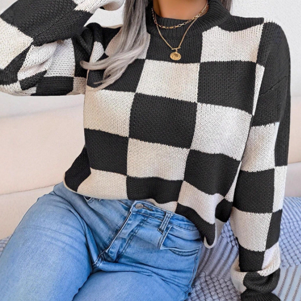 Damen Gemusterter Strickpullover mit Karomuster und modischem Rundhalsausschnitt Sovae