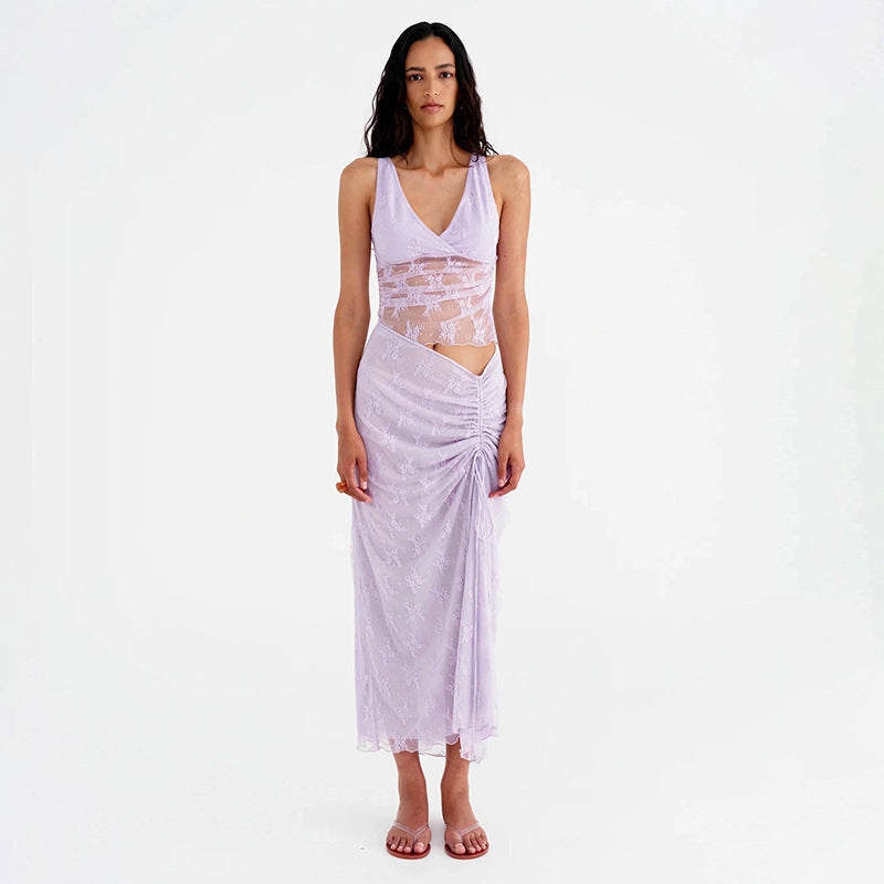 Damen elegantes Spitzen-Midi-Kleid mit asymmetrischem Schnitt Sovae