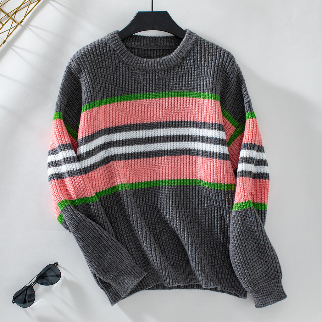 Damen lockerer Strickpullover mit buntem Blockstreifen und Rundhalsausschnitt Sovae