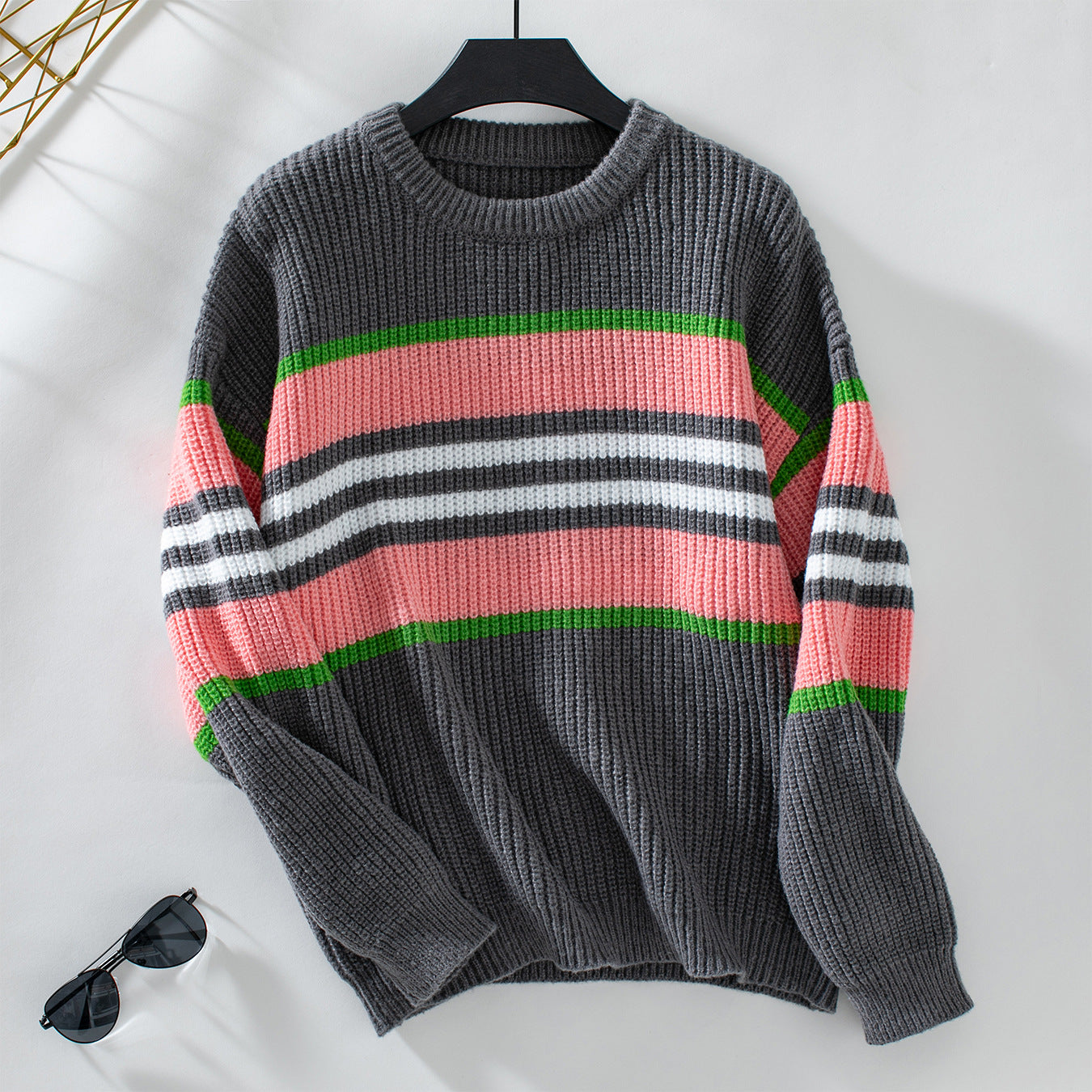 Damen lockerer Strickpullover mit buntem Blockstreifen und Rundhalsausschnitt Sovae
