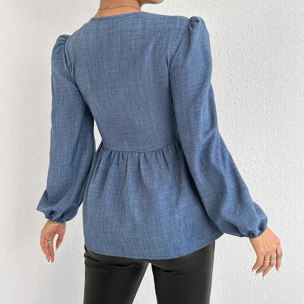 Damen Bluse mit geraffter Taille und ballonförmigen Ärmeln Sovae