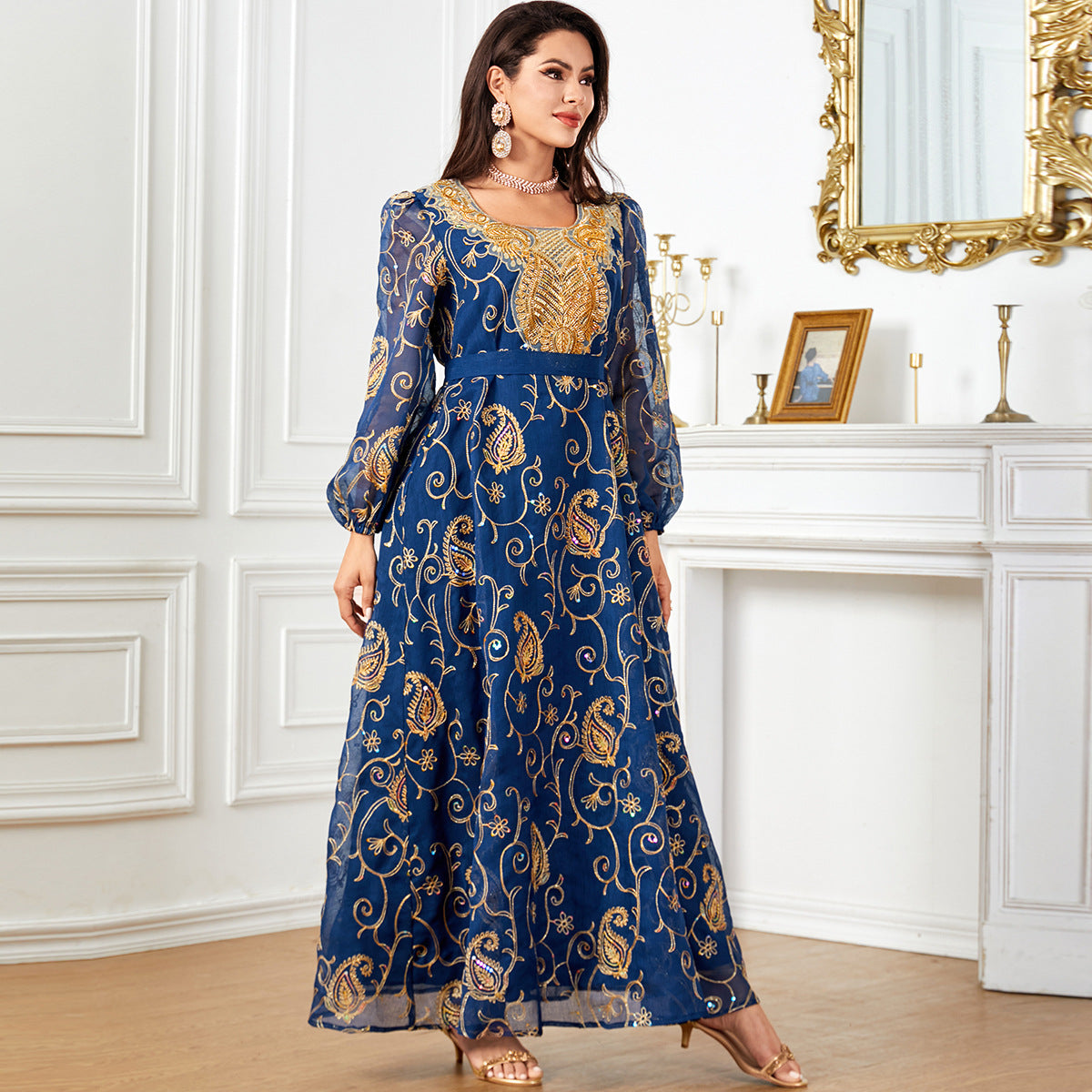 Damen Besticktes Maxikleid mit transparenten Ärmeln Sovae