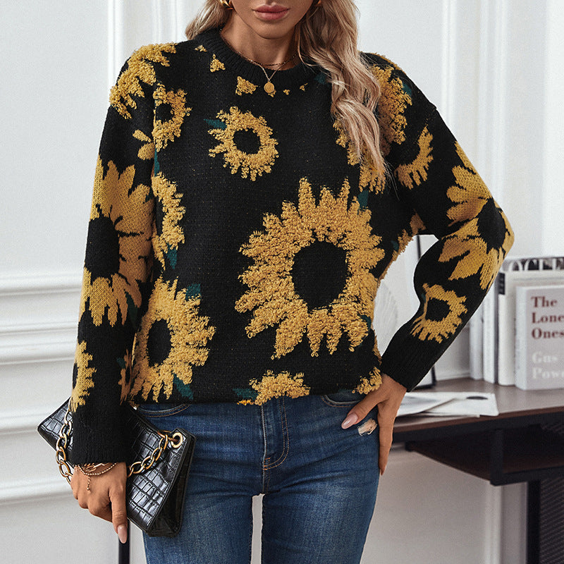 Damen kuscheliger Pullover mit Sonnenblumenmotiv Sovae