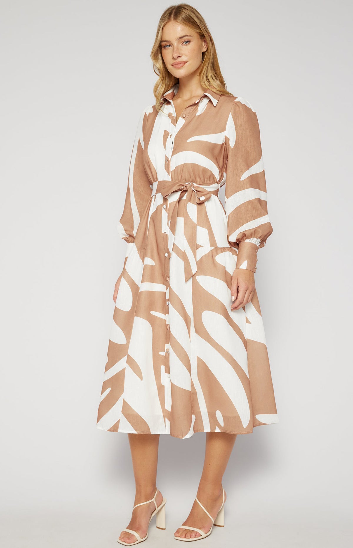Damen Midi-Kleid mit tailliertem Gürtel und modernem Muster Sovae