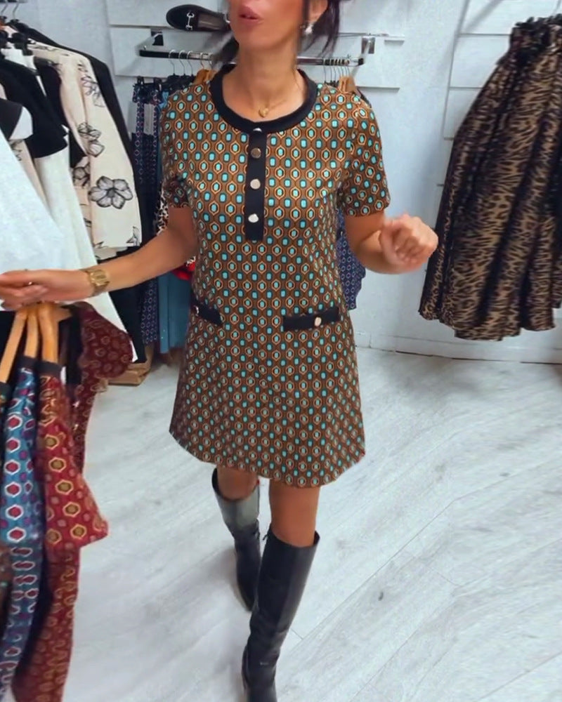 Damen modisches Kurzarmkleid mit Knopfleiste und Taschen Sovae