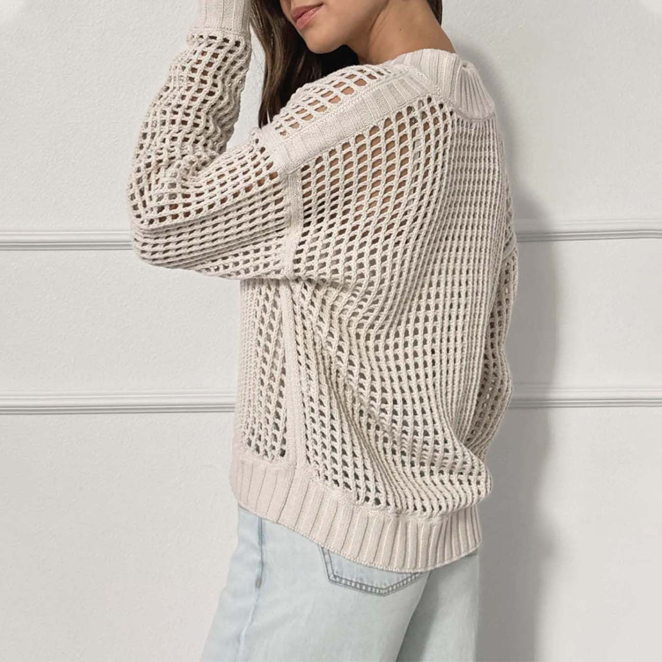 Damen lockerer Strickpullover mit Reißverschluss und luftiger Maschenstruktur Sovae