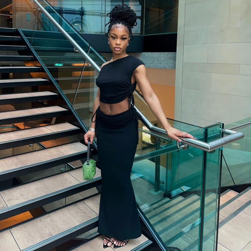 Damen modisches Crop-Top und Maxirock Set mit asymmetrischem Design Sovae