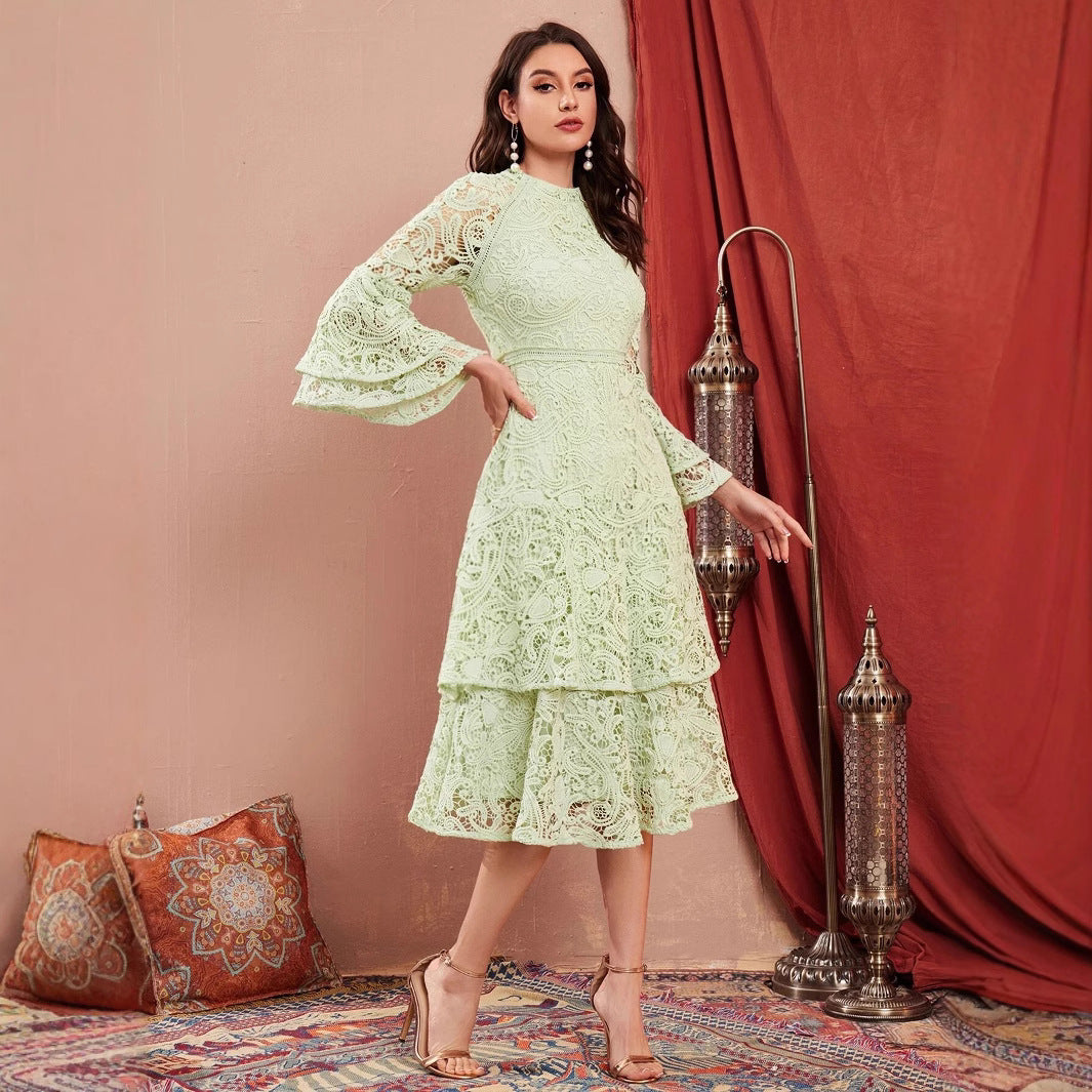 Damen Spitzen-Maxikleid mit voluminösen Ärmeln Sovae