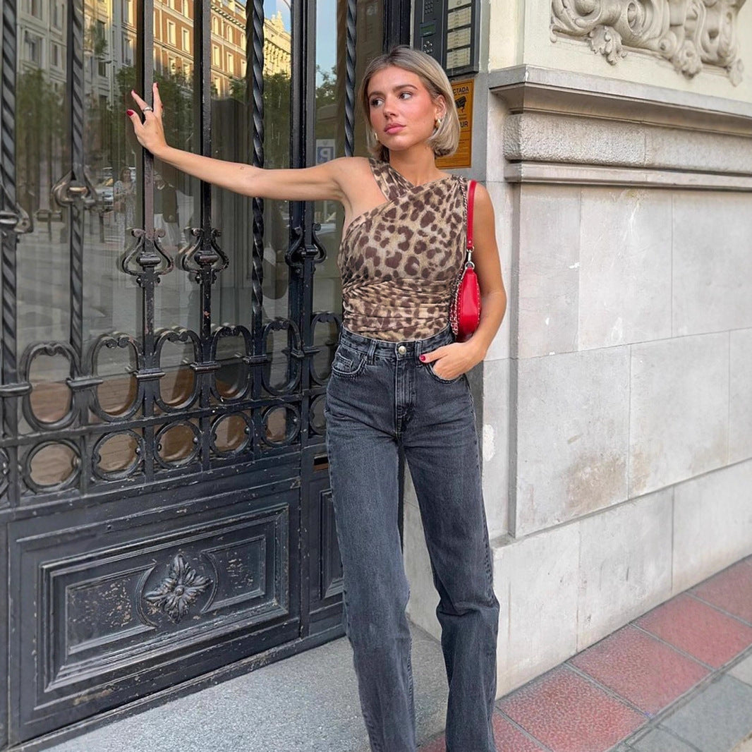 Damen Tanktop mit asymmetrischem Leopardenprint und Wickeldetails Sovae