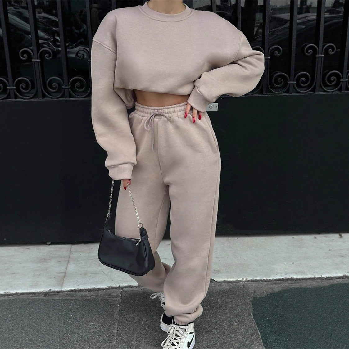 Damen elegantes und lässiges Zweiteiler-Set mit bequemem Cropped-Sweatshirt und weiten Jogginghosen Sovae
