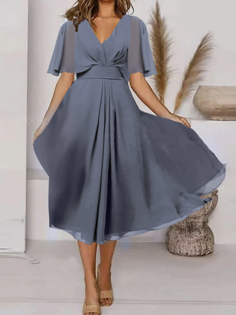 Damen Schwungvolles Elegantes Maxikleid mit femininen Rüsche-Ärmeln und Wickeloptik Sovae