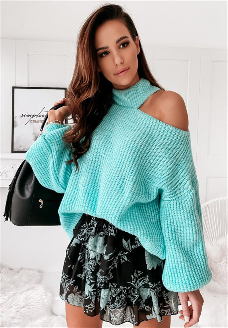 Damen lässiger Strickpullover mit asymmetrischem Schulterdesign und hohem Kragen Sovae
