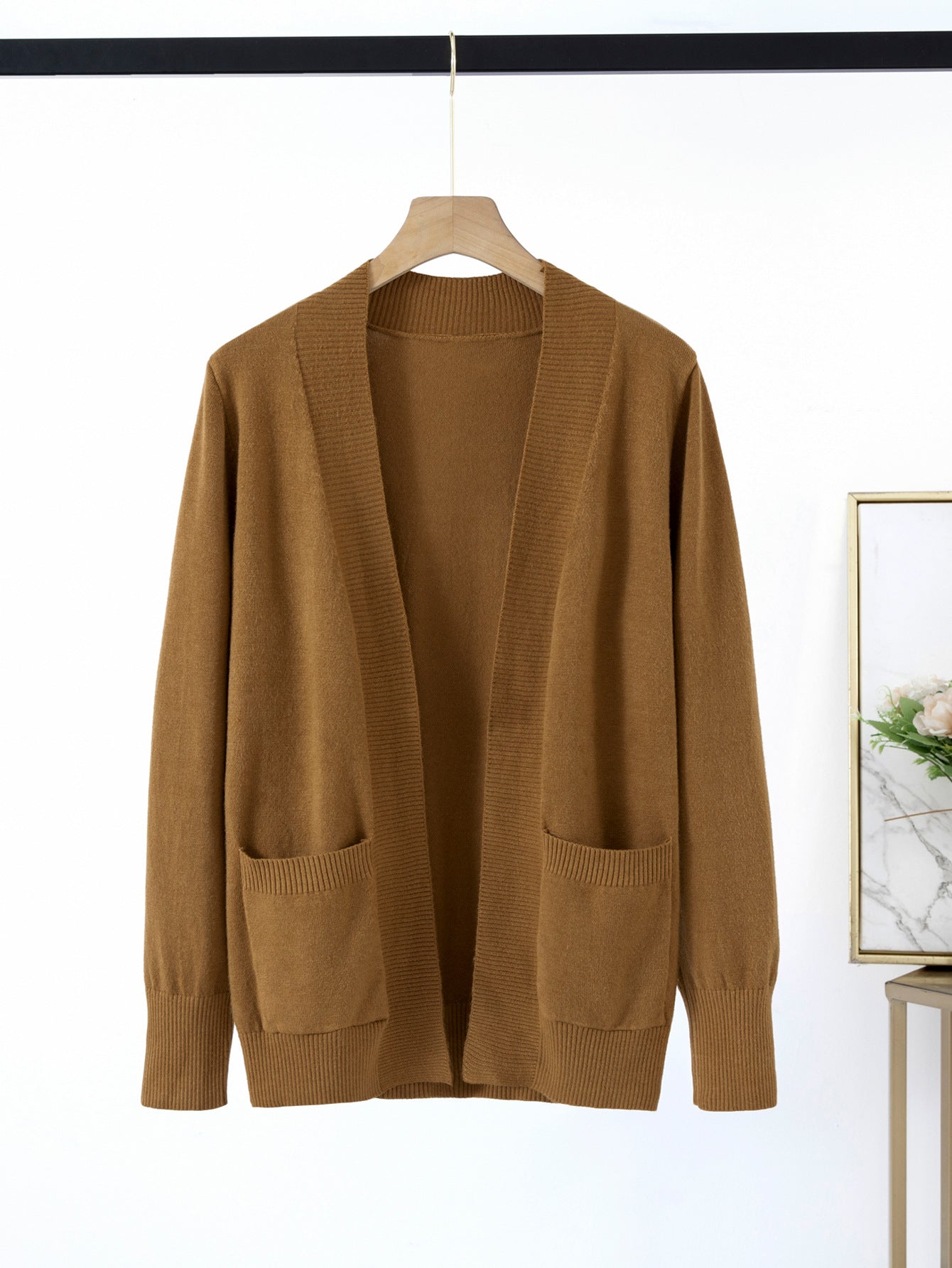 Damen lässiger Strickcardigan mit aufgesetzten Taschen und offenem Schnitt Sovae